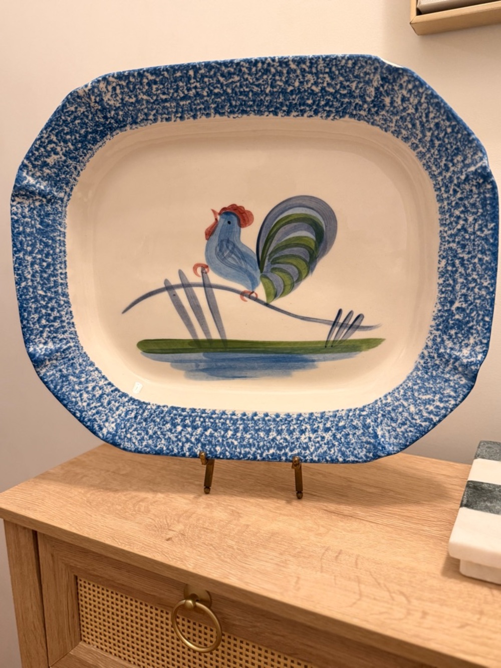Hand-Painted Rooster Ceramic Platter in Blue and Green